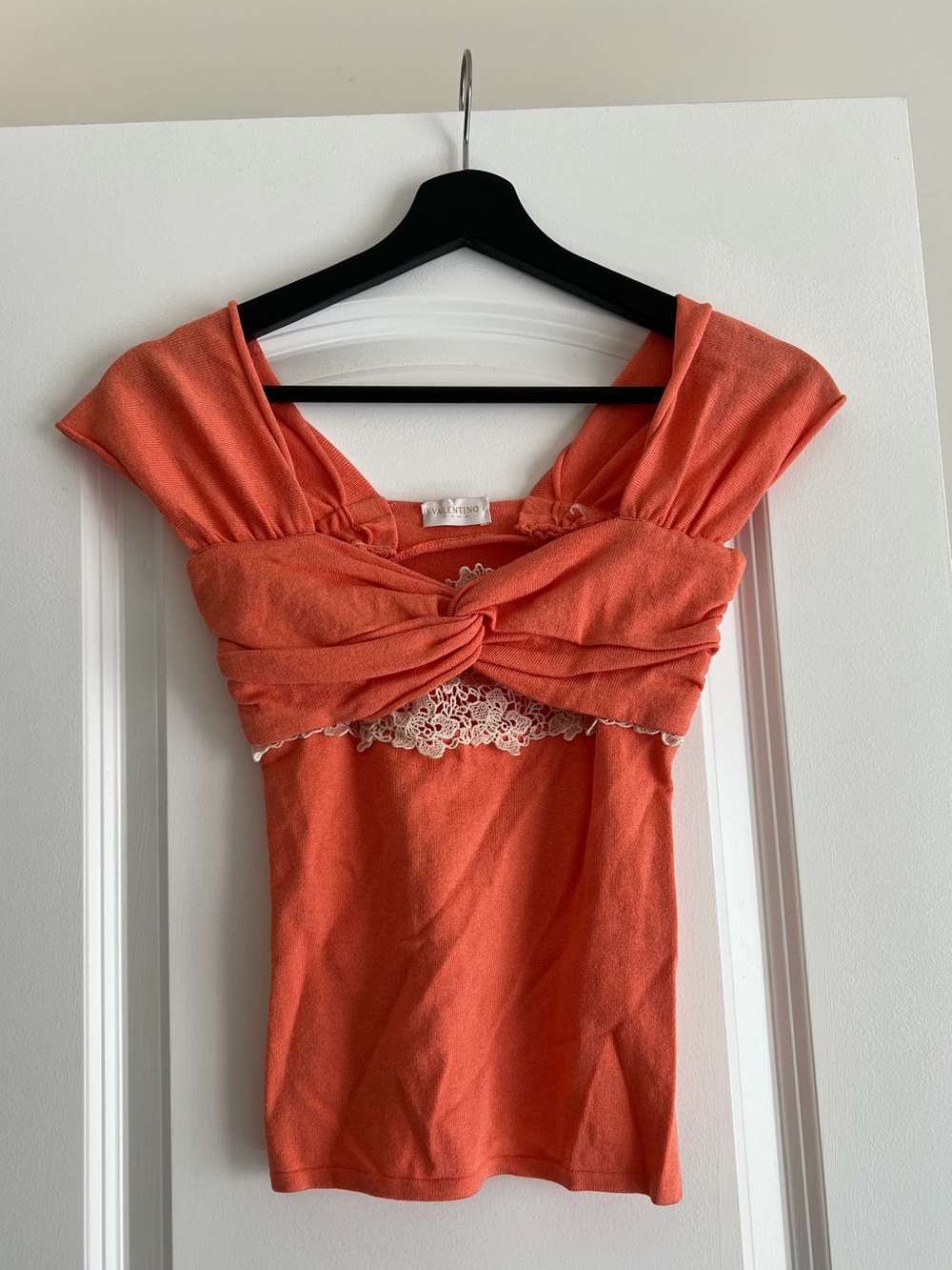 Valentino Coral Knit Cream Lace Trim Top